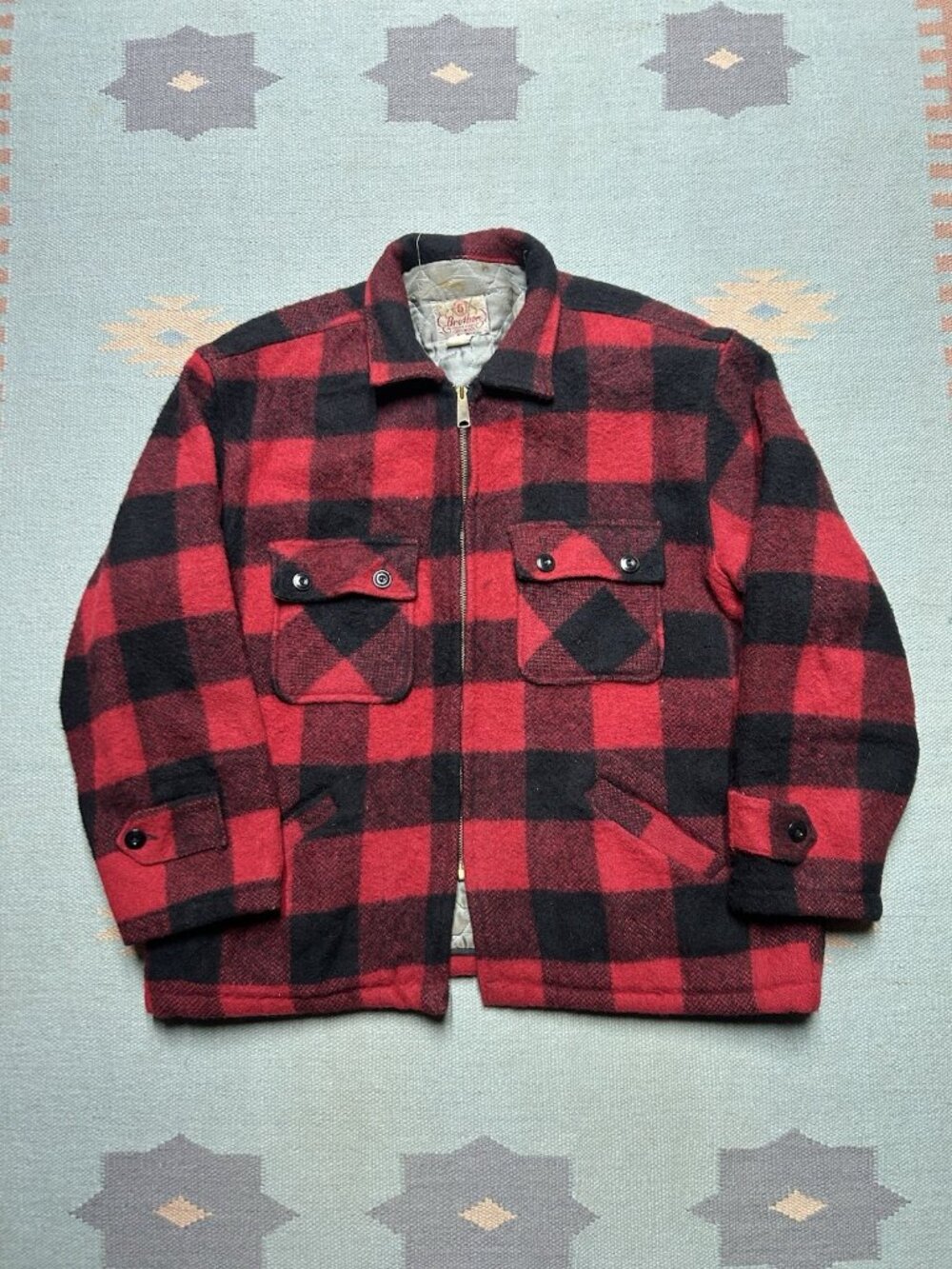 Vintage 1950s 5 brother wool jacket mackinaw buffalo plaid quilt lined large